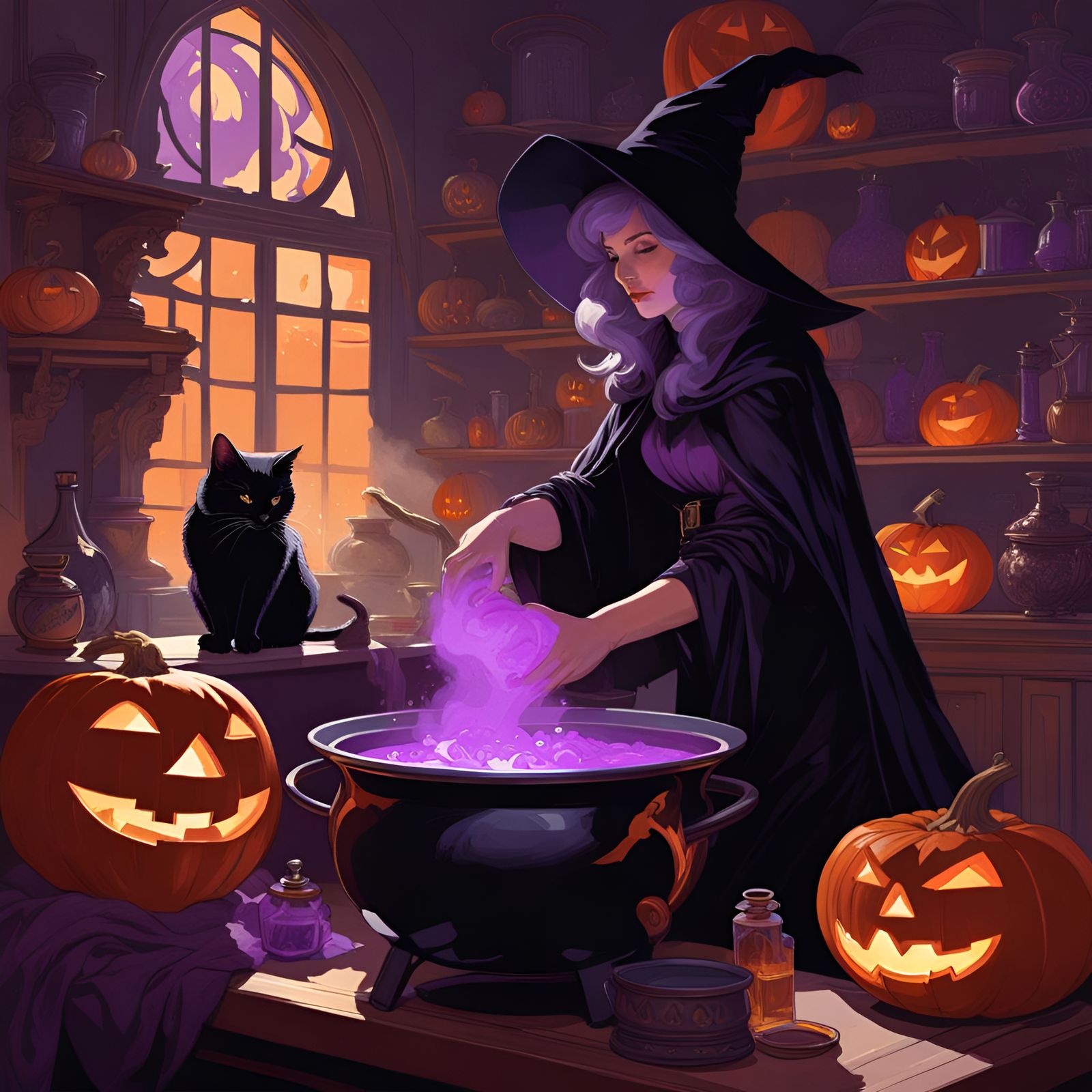 Witch Brewing Purple Potion in Art Nouveau Style