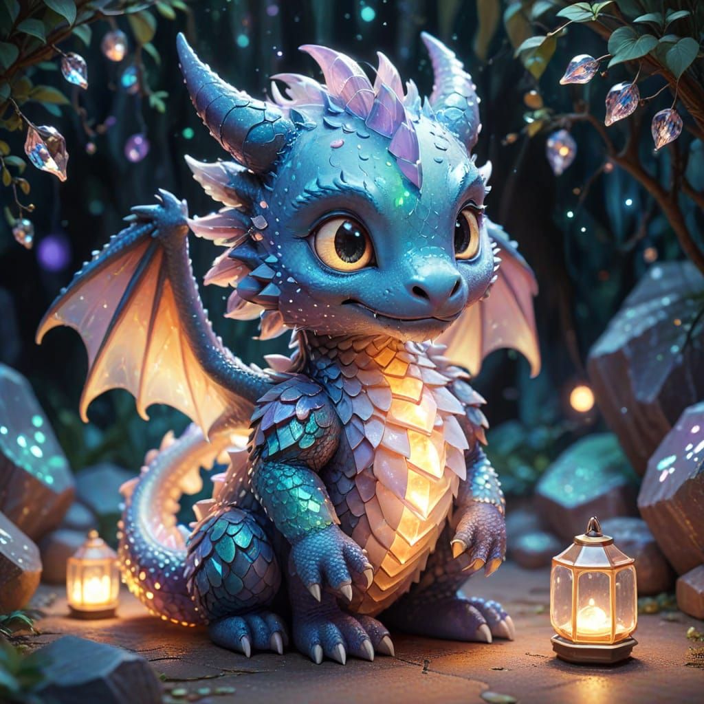 Cute Chibi Dragon on Crystals in Studio Ghibli Style