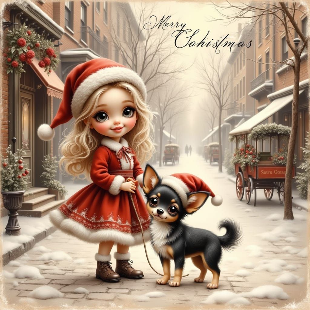Vintage Christmas Card: Doll and Chihuahua on Victorian Stre...