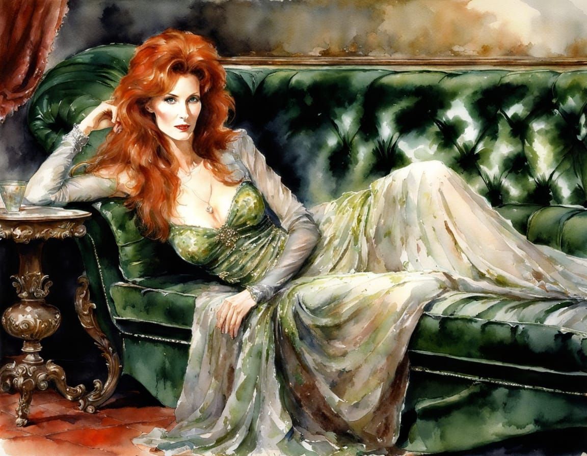 Elegant Woman in Sitting Room: Impressionistic Watercolor