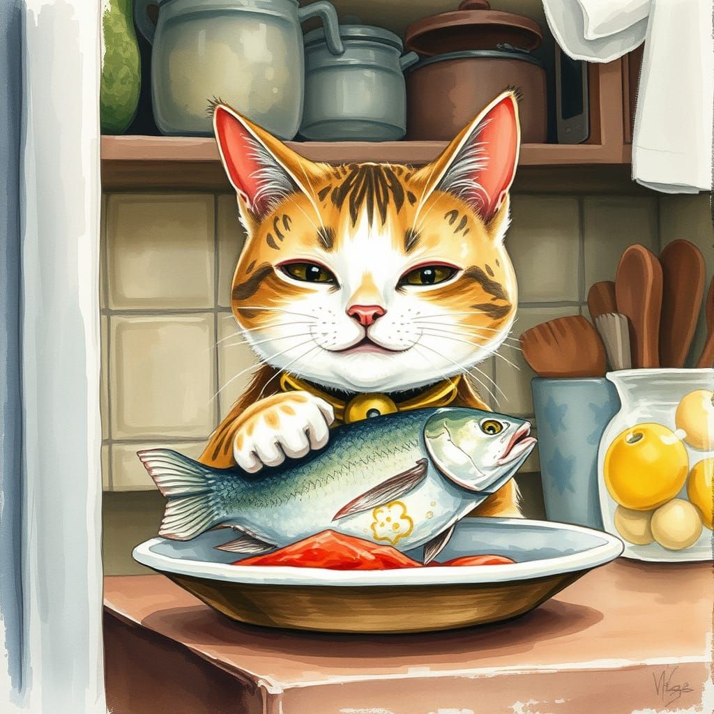 Cat Devouring Fish in Watercolor Style