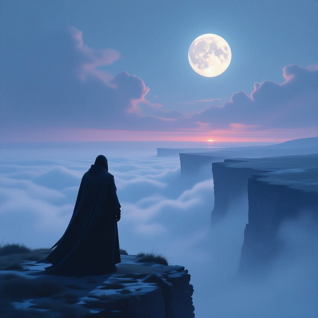 Dramatic Figure Gazing at Moonlit Landscape