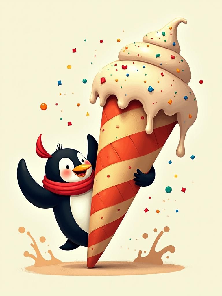 Penguin Slides on Ice Cream Cone: Whimsical Illustration