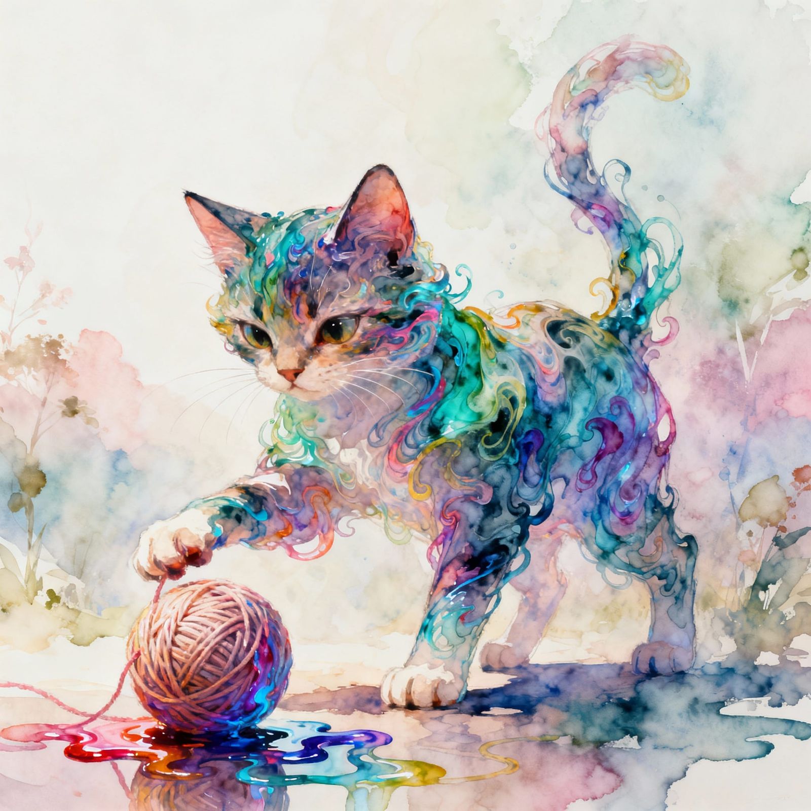 Mischievous Ink Cat Plays with Liquid Yarn