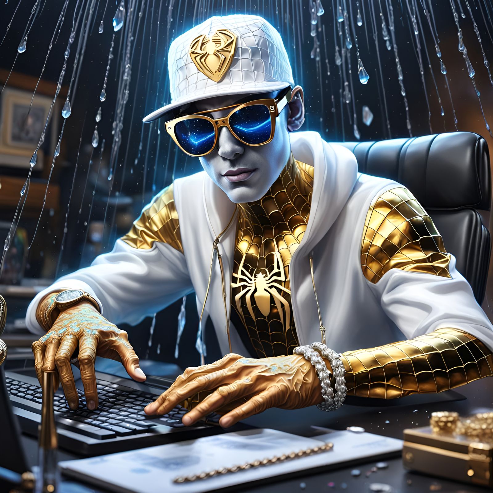 ultra realistic high definition ray tracing 8k ice white spiderman sitting at desk on herman miller chair with  diamond ...