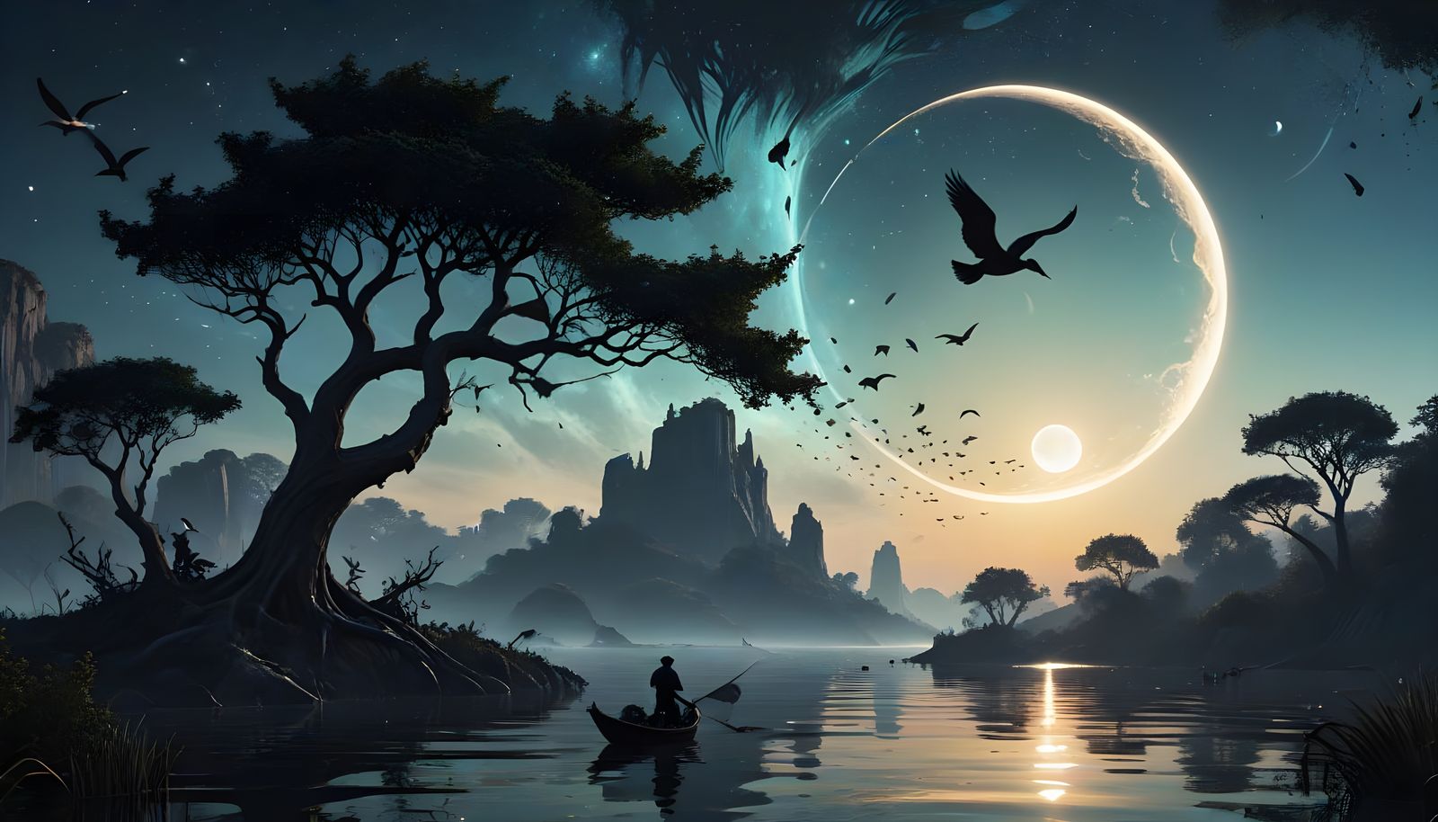 Surreal Night Scene with Crescent Moon and Drifting Planets