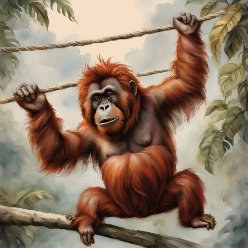 Orangutan Caricature Dancing, Acrylic Watercolor Wash Style