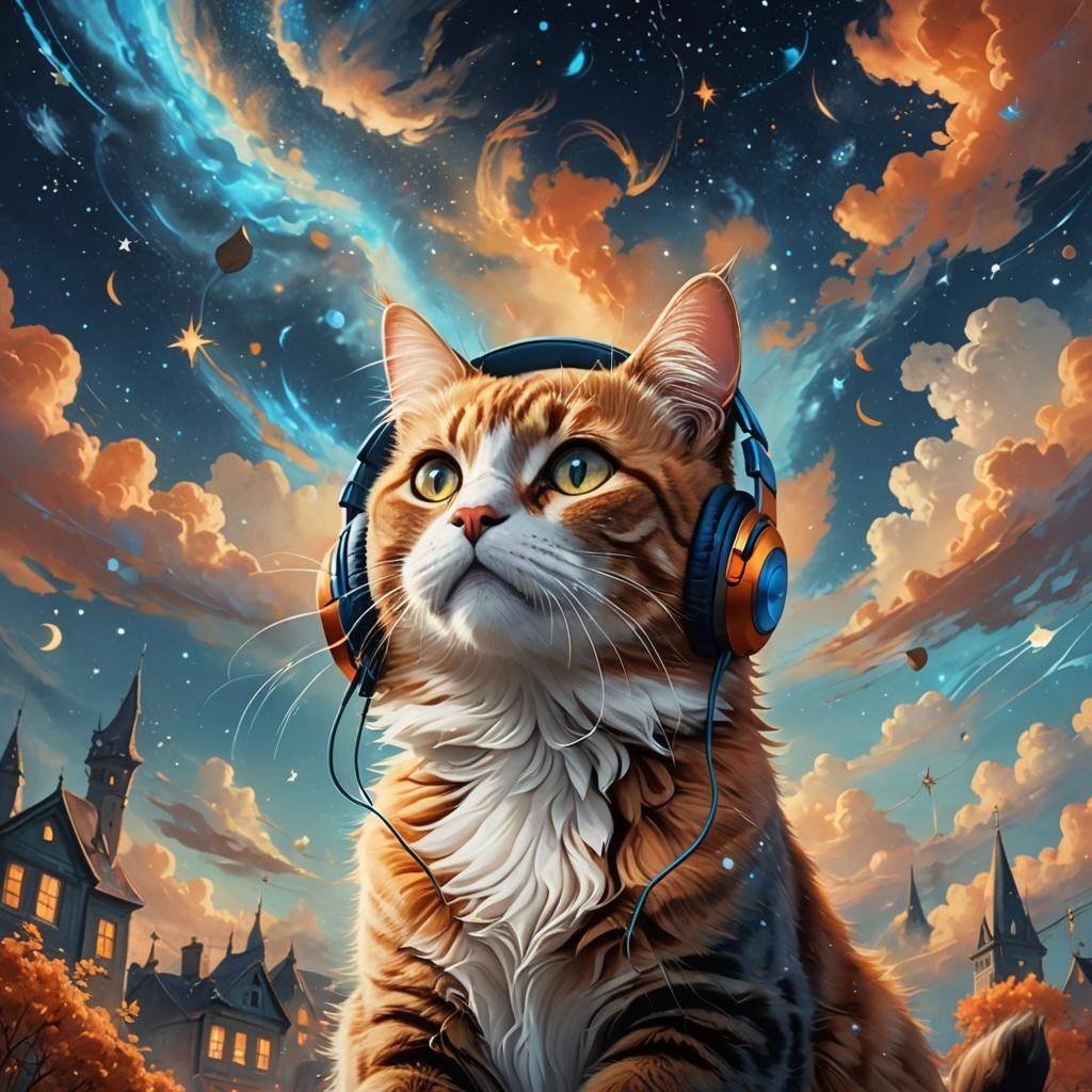 Cat Listening to Music in a Whimsical Sky