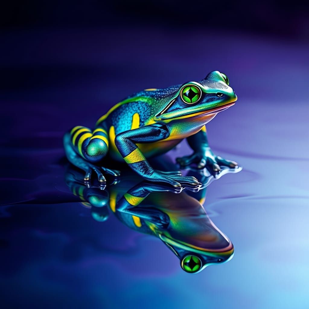 Iridescent Frog on Reflective Surface in Surrealist Style