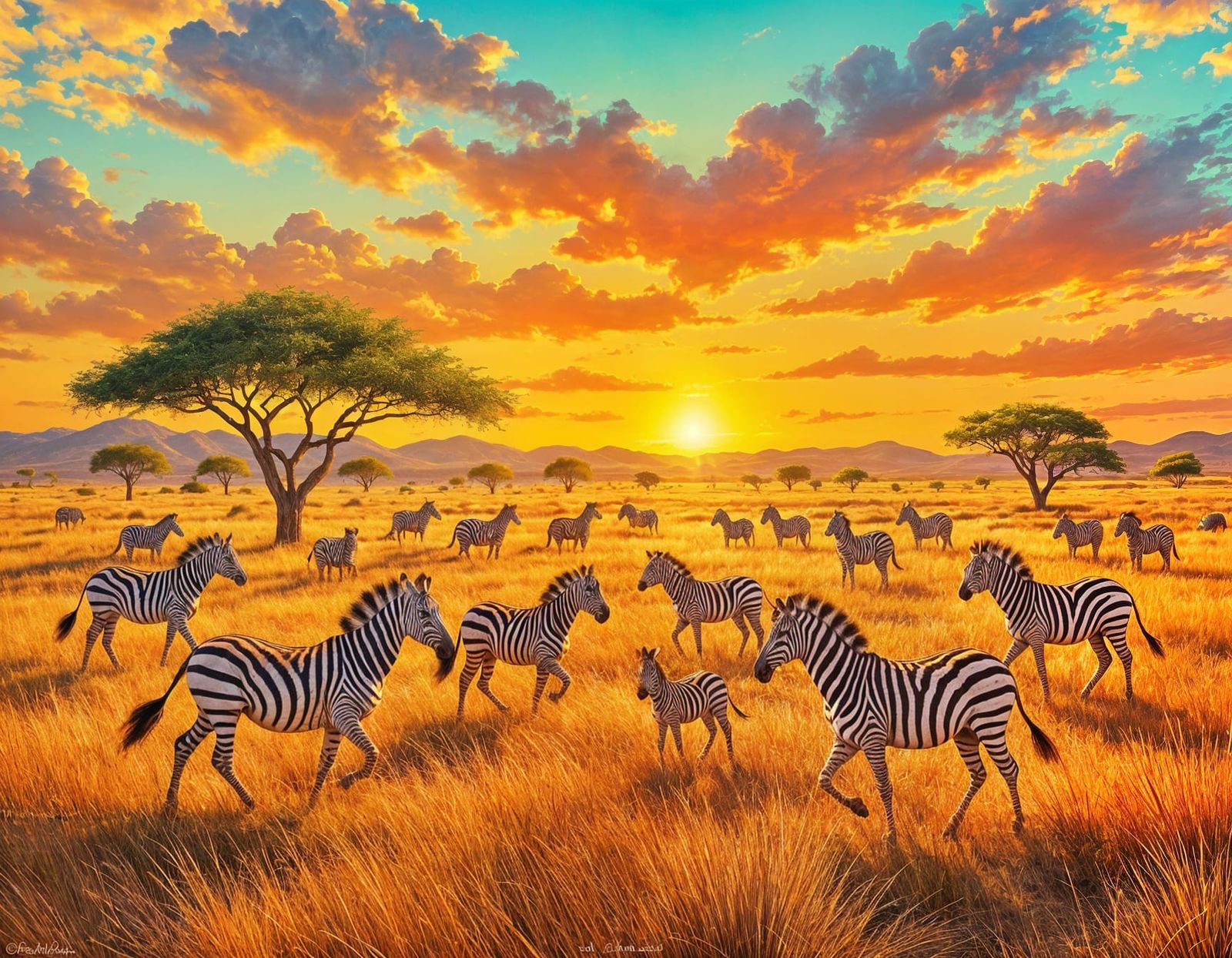 Surreal Savanna Zebras in Glowing Grasslands