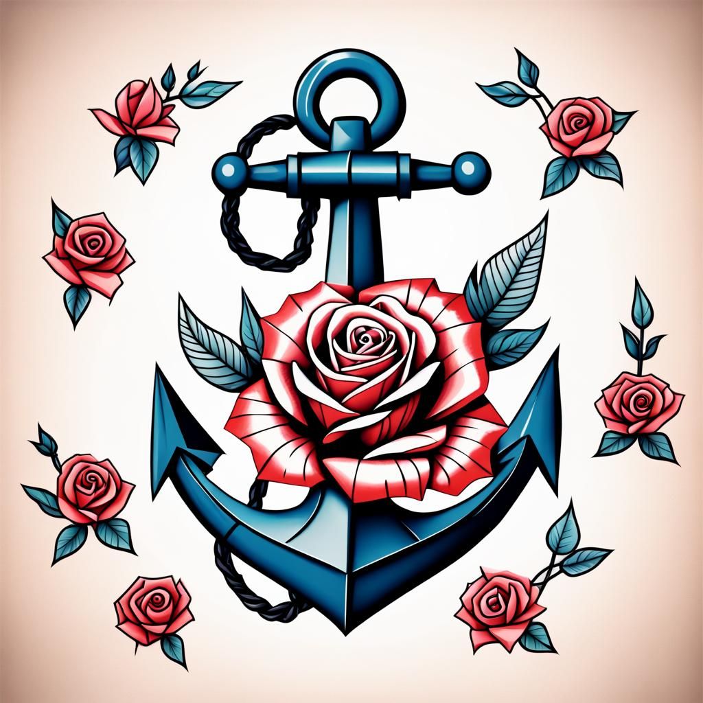 Old School Tattoo Design: Anchor and Rose Origami
