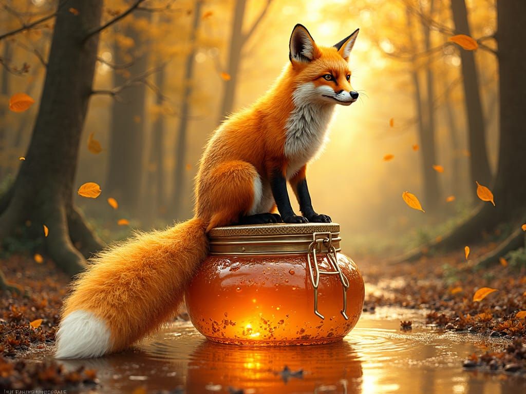 Honey Fox on Jar in Iridescent Forest, Splash Art