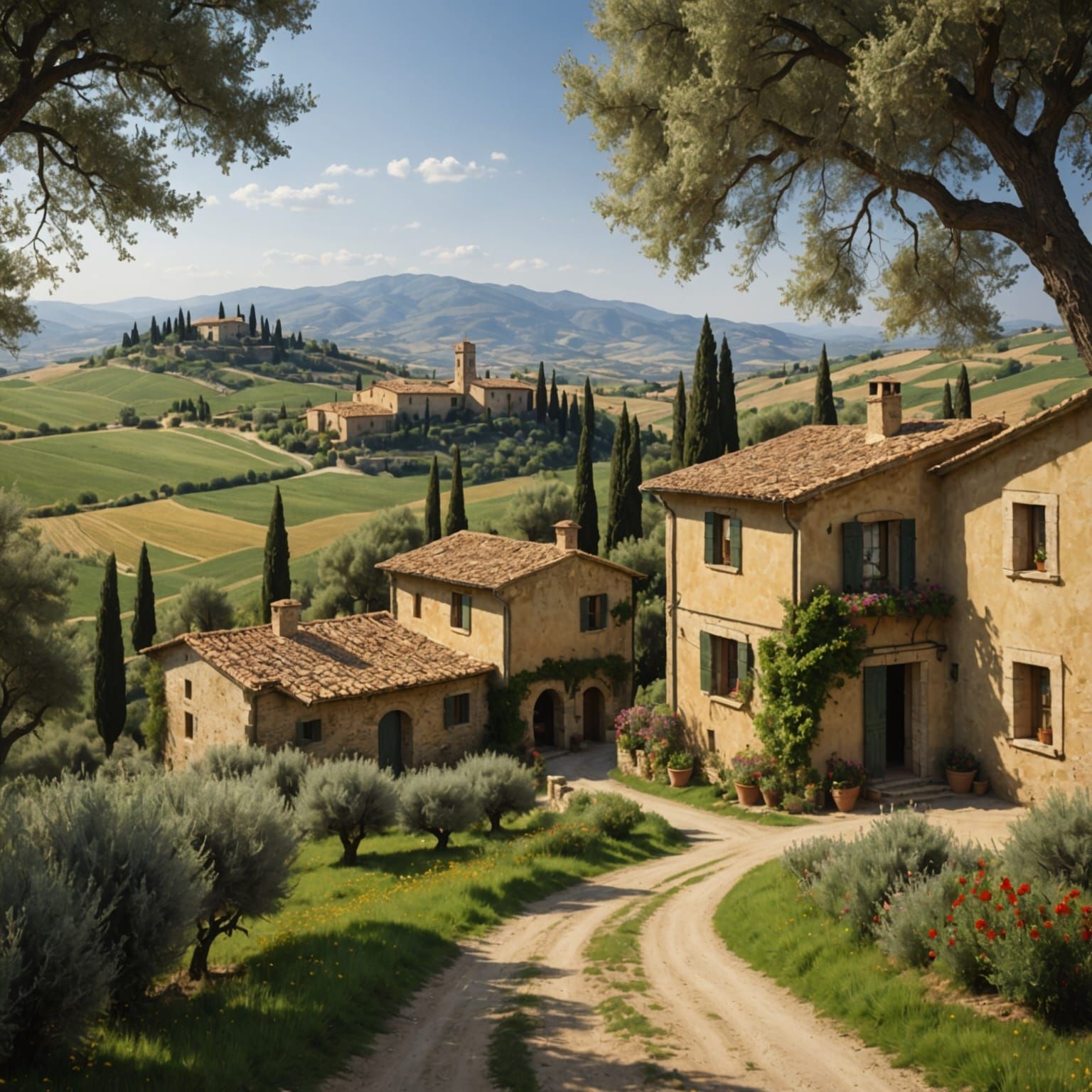 Tuscan Scene with Flowers and Olive Trees