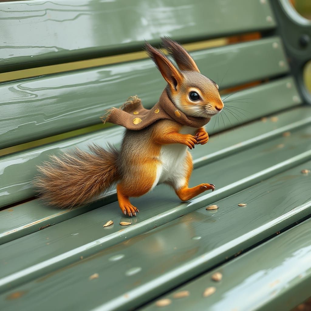 Whimsical Squirrel Leaving Tracks on Wet Bench