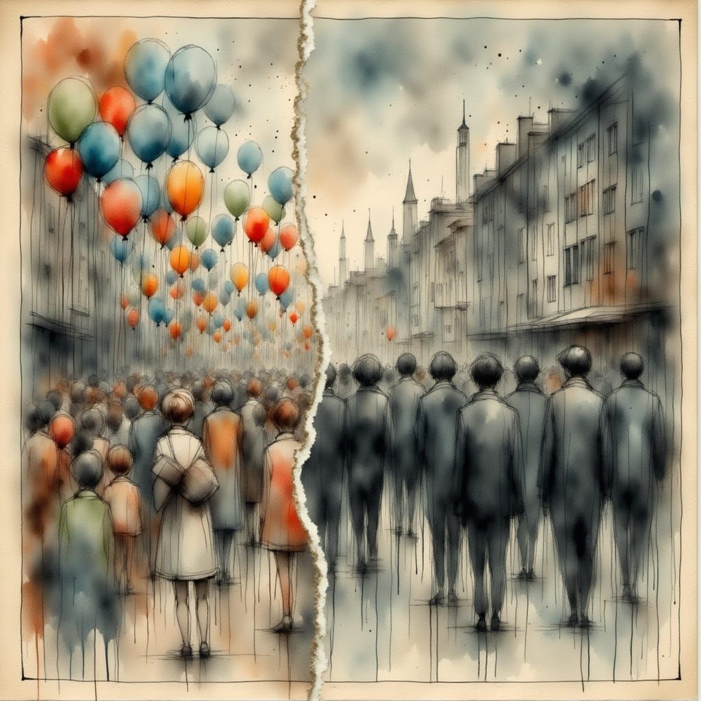 Torn Postcard: Festival and Somber March in Watercolor