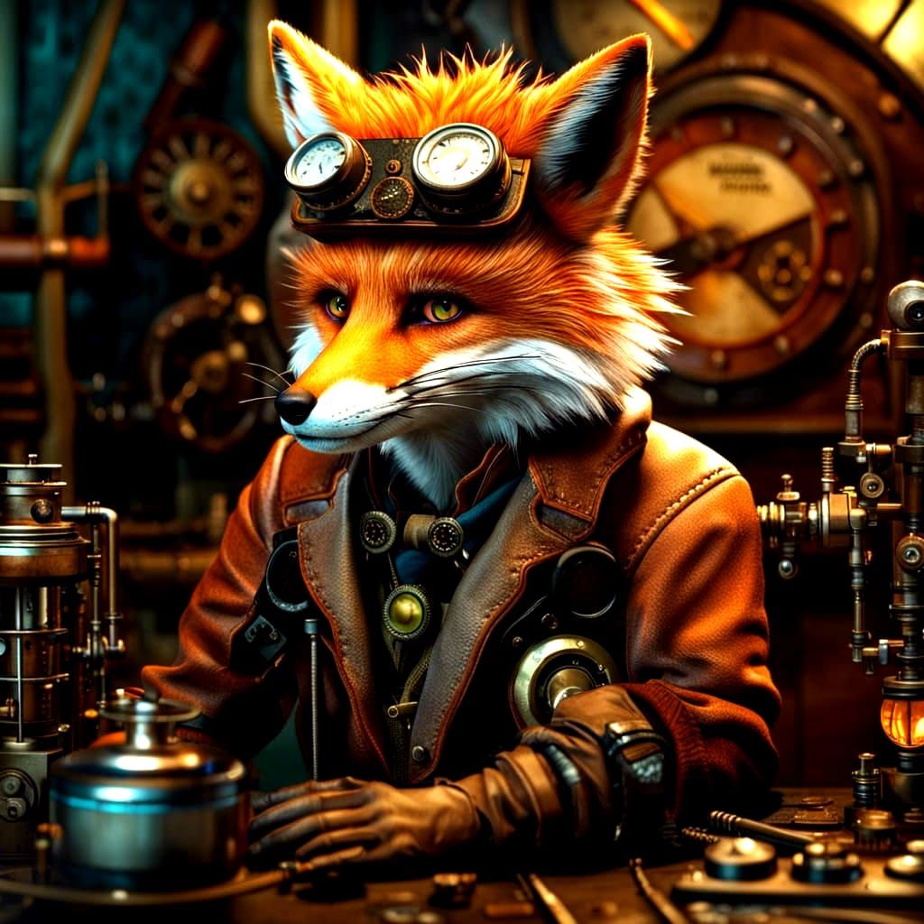 Steampunk Fox Mad Scientist in Hyperrealistic Detail