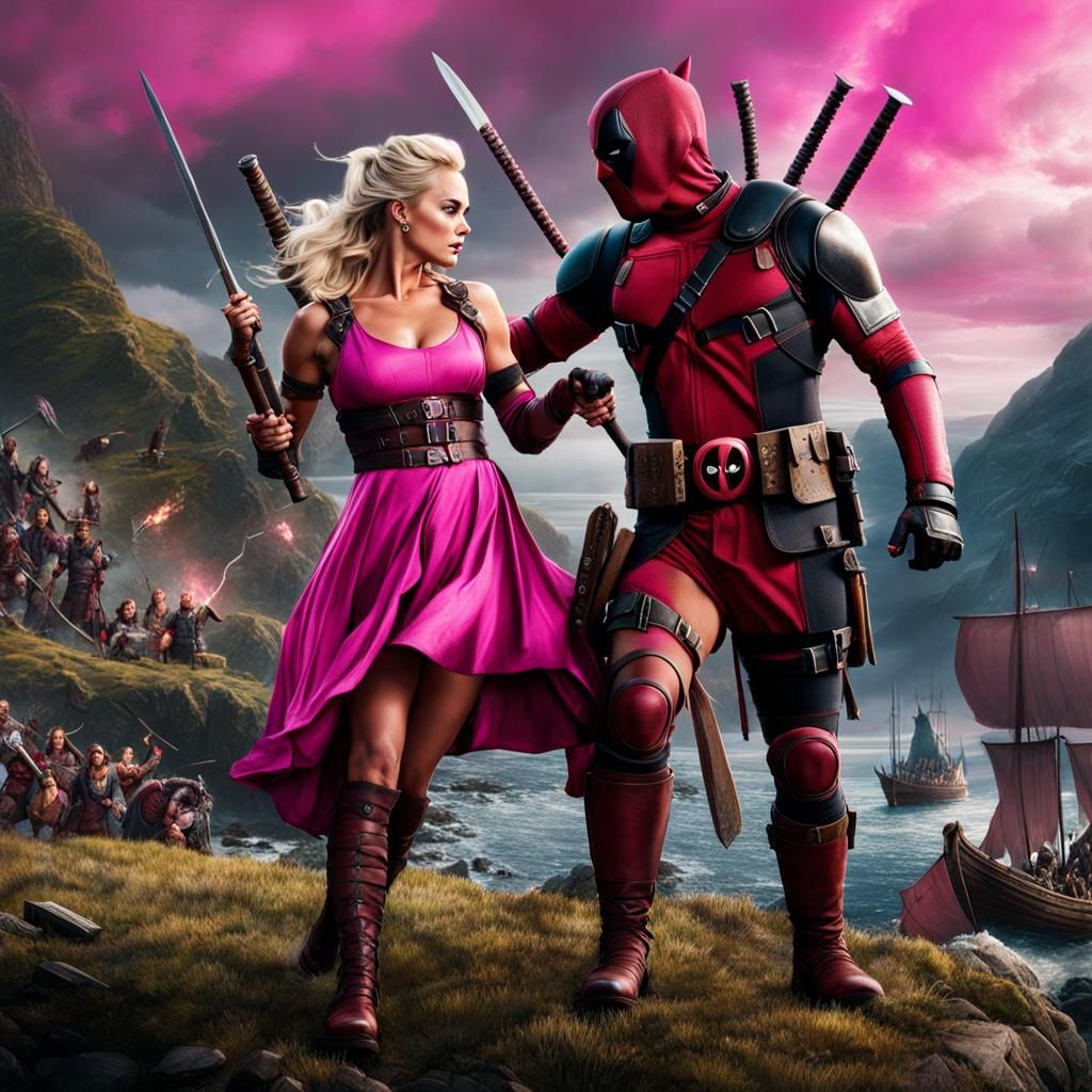 Deadpool and Pink Dress Fighter Versus Vikings