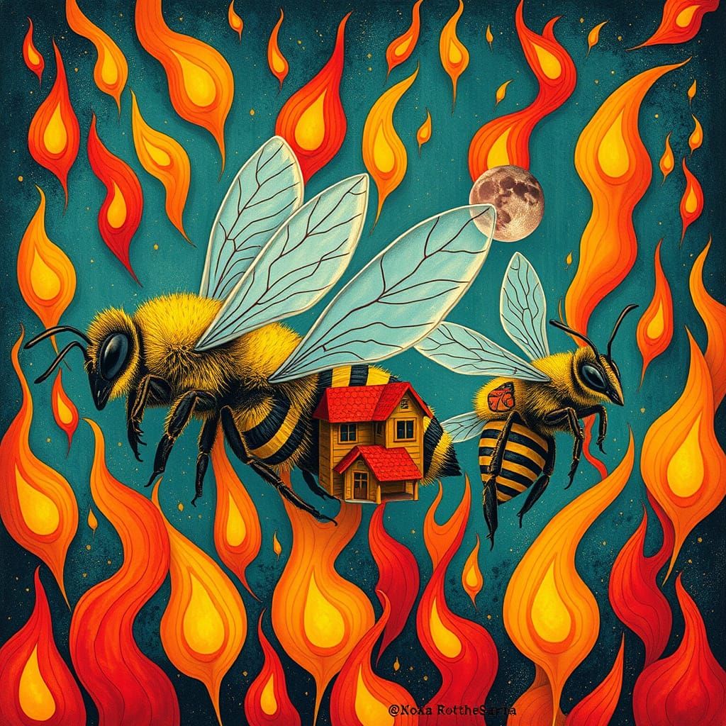 Flying Bees with Houses in Hundertwasser Style