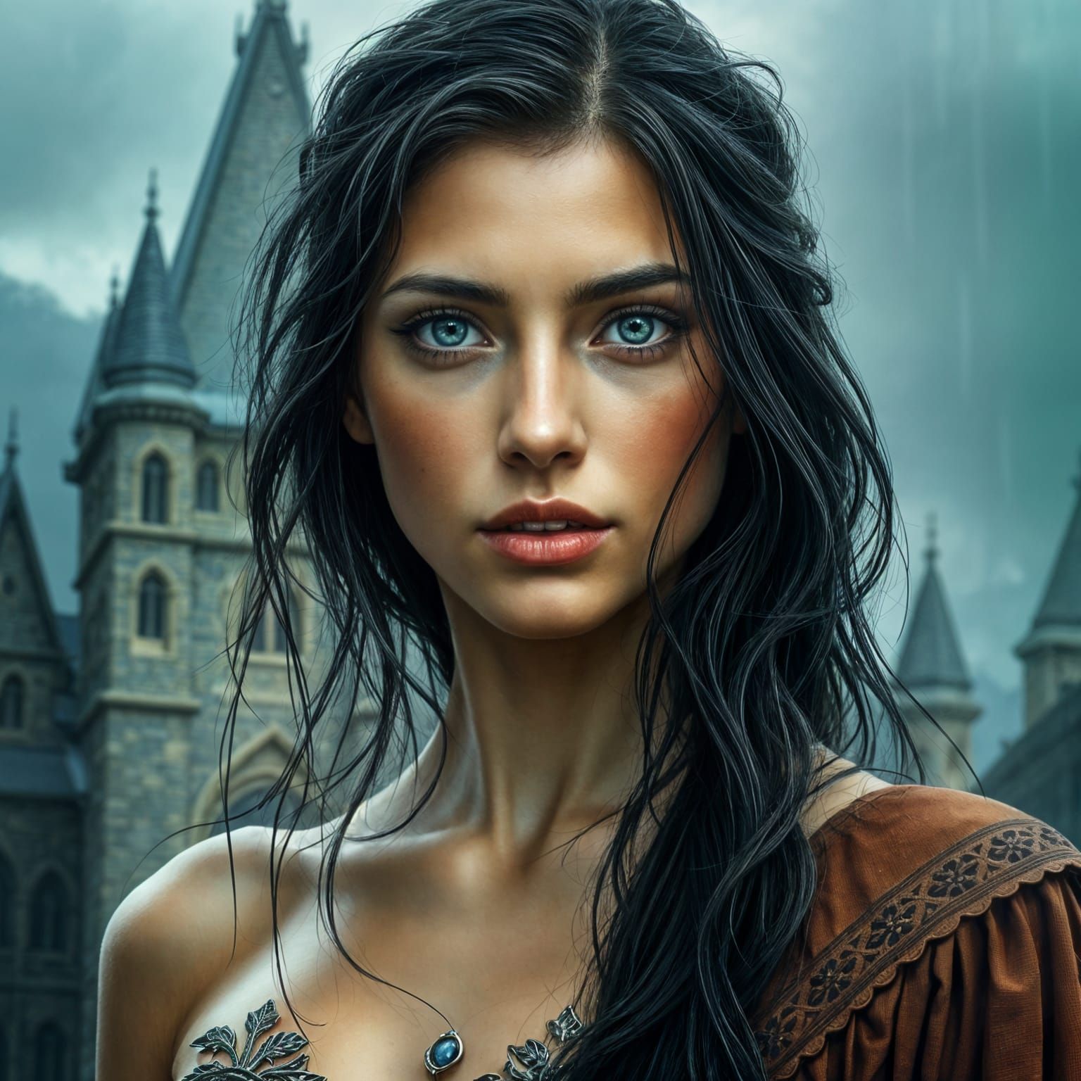 Melancholic Woman in Rain, Fantasy Portrait