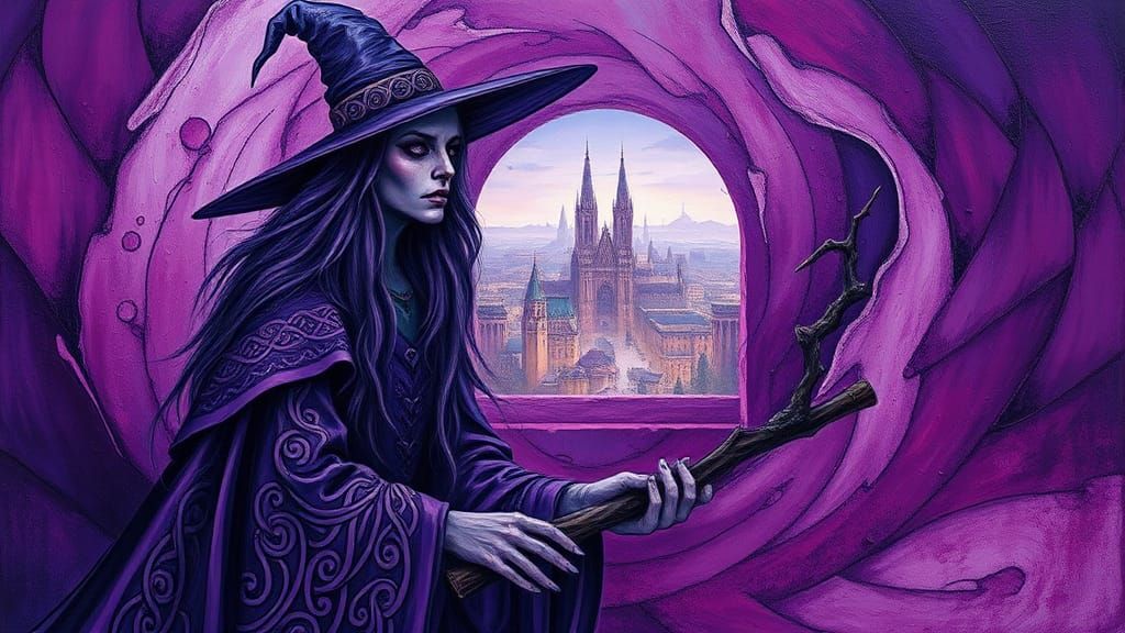 Intricate Purple Witch in Impasto Surrealism Style
