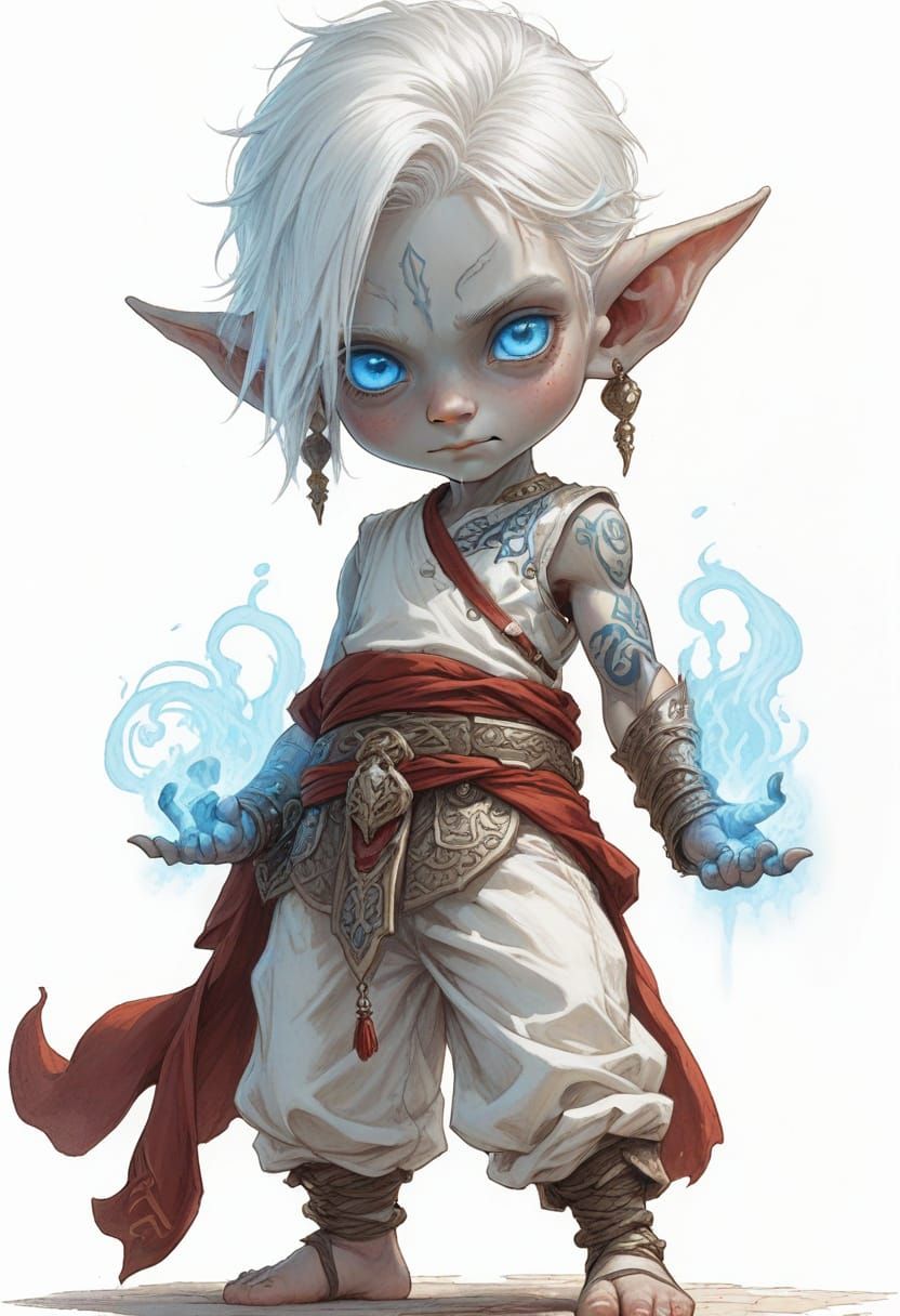 Tattooed Pale Elf in Red and White Illustration
