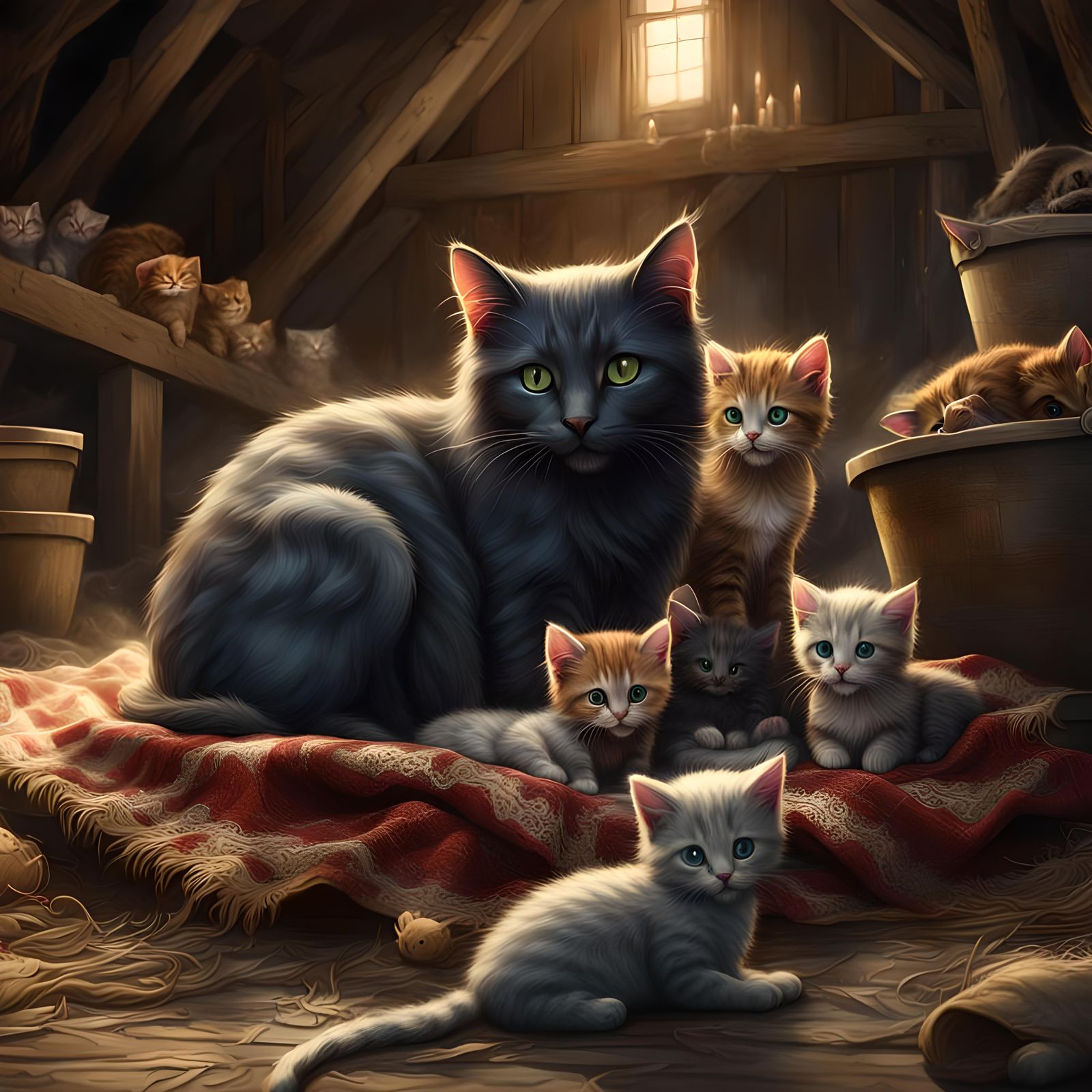 Mother Cat and Kittens: Detailed Matte Painting