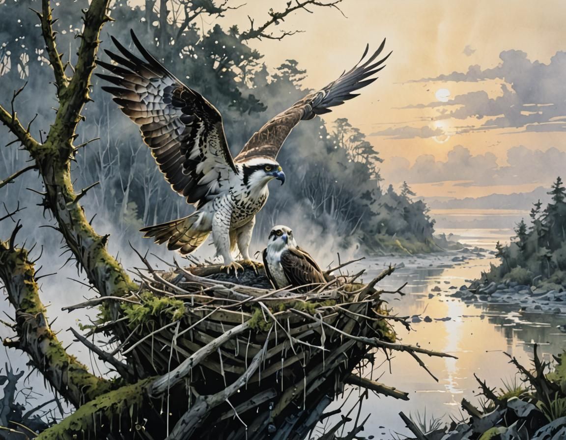 Osprey Nest in Wet Wash Watercolour Style