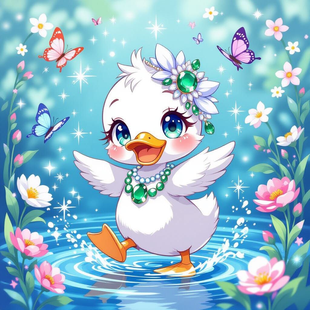 Anime Duck Dances in Spring: Watercolor Gemstone Art