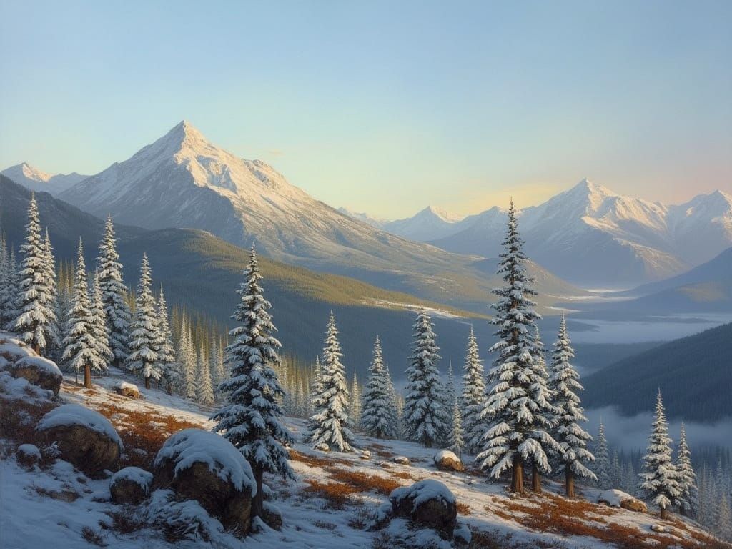 Snow-Capped Mountains at Dusk in a Warm Oil Painting Style