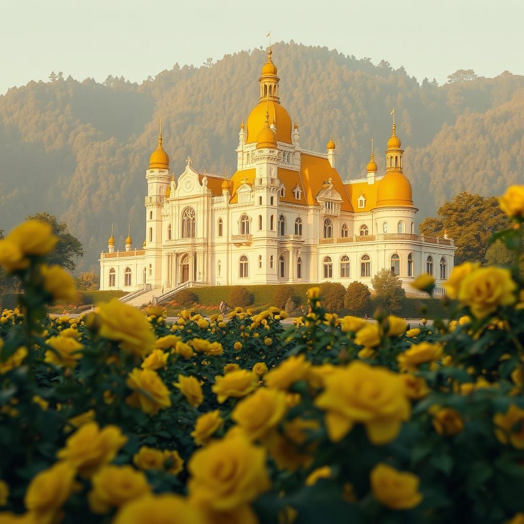 Whimsical Off-White Castle in a Vibrant Yellow Rose Garden