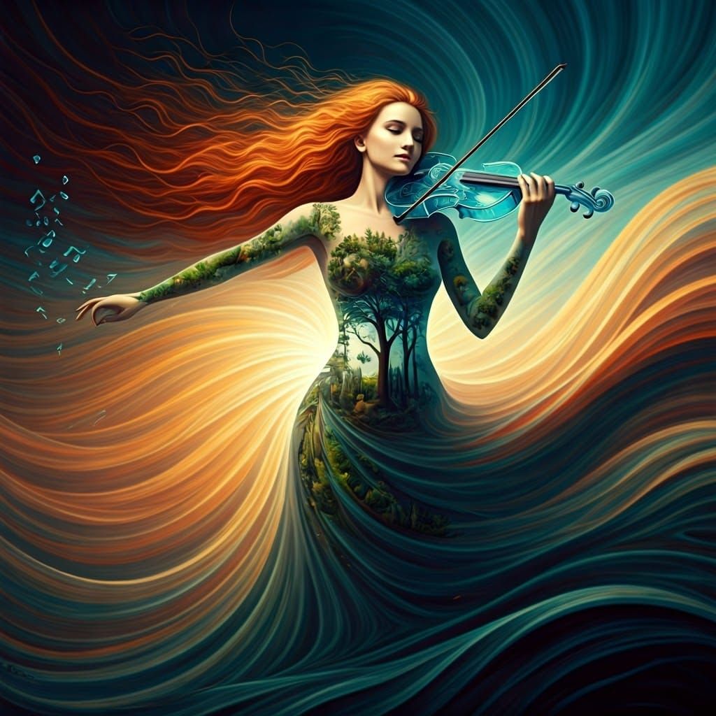 Surreal Woman Plays Violin of Landscapes