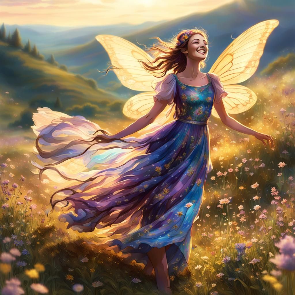 Teenage Fairy Dances in Wildflowers: Fantasy Concept Art