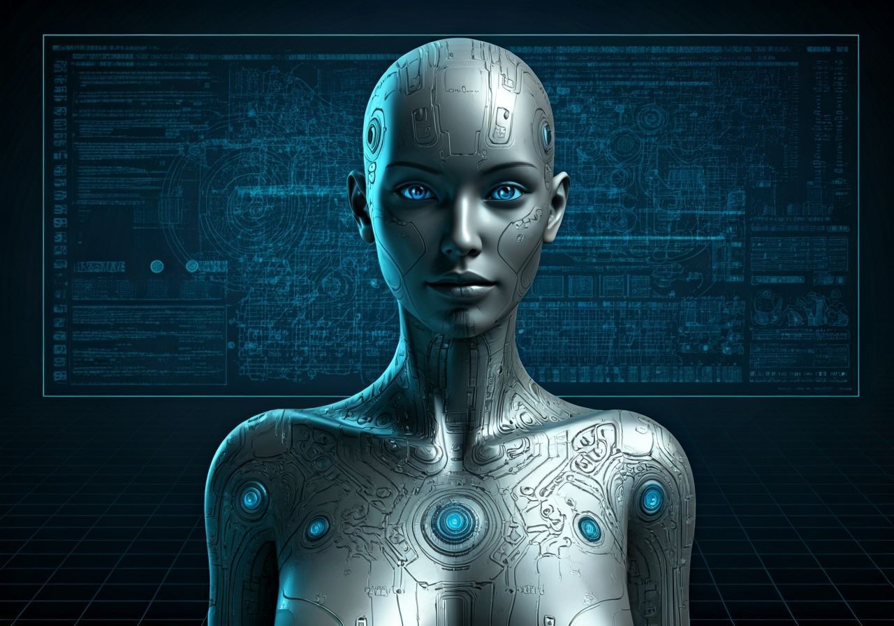 Cyborg Woman in Glitched Technical Schematic Style