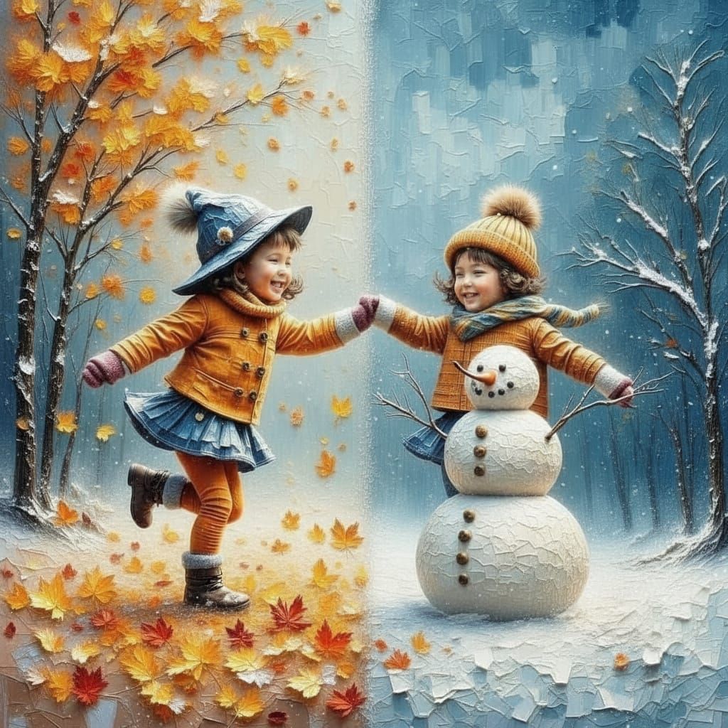 Fall and Winter Girls Sharing a Divided Scene