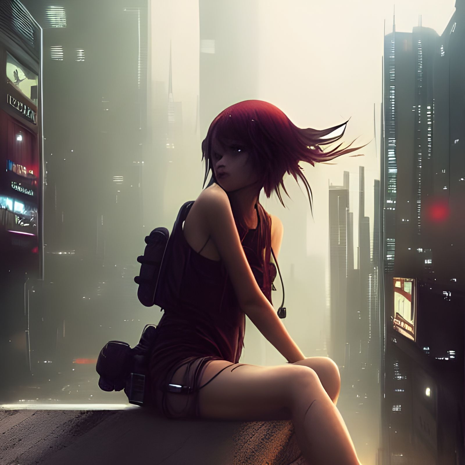 Cyberpunk Girl on Billboard in Dystopian City
