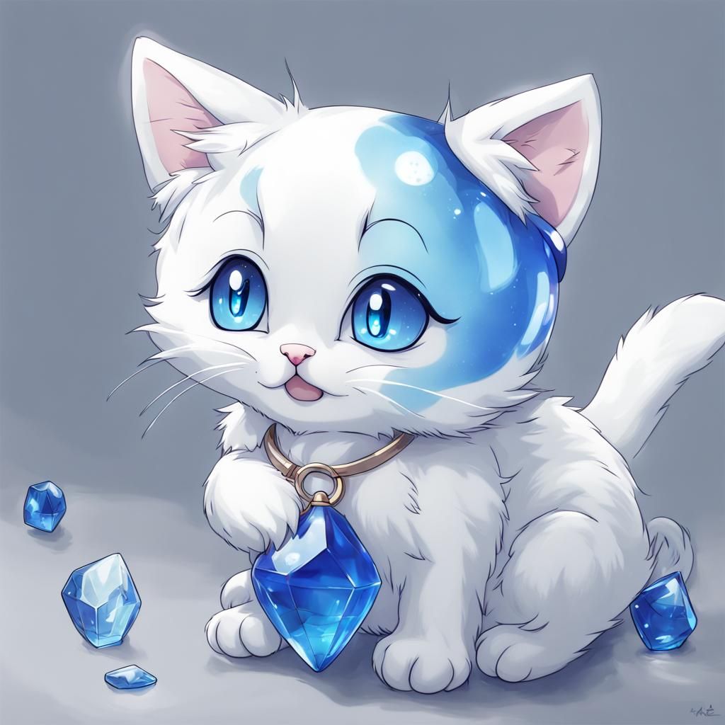 Blue and White Glass Kitten in Anime Style