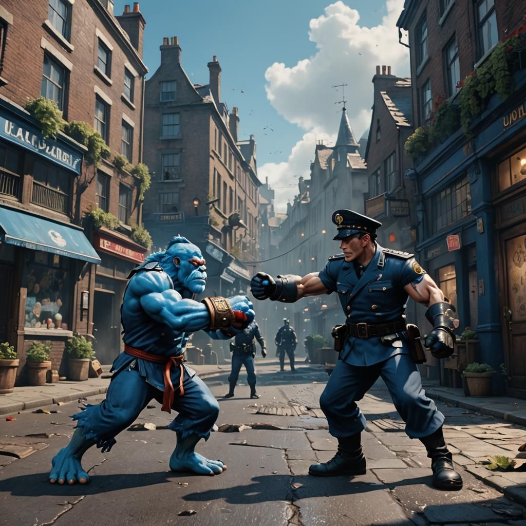 Street Fighter: Smurf vs Policeman in Detailed Painting