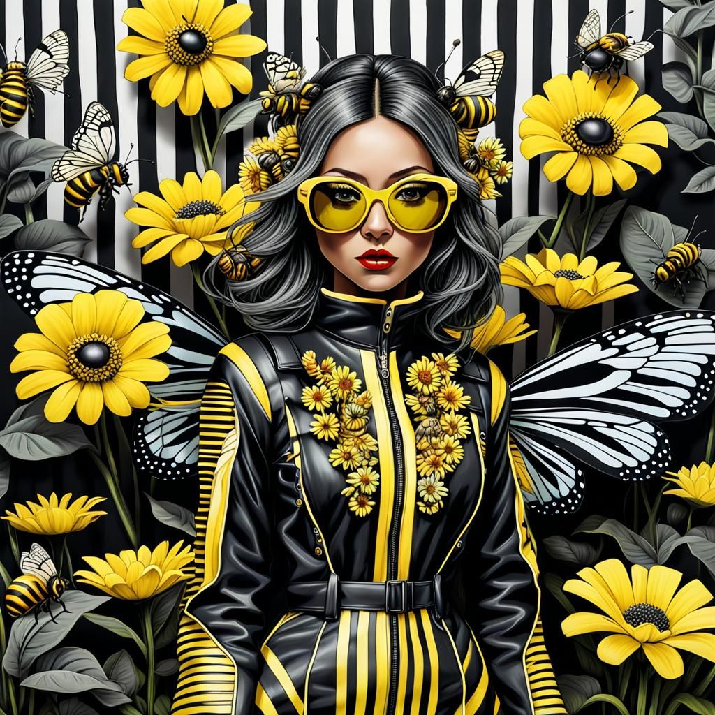 Chibi Cyber neon bee bot woman with butterfly wings surrounded by bees pollenating neon surreal flowers in front o...