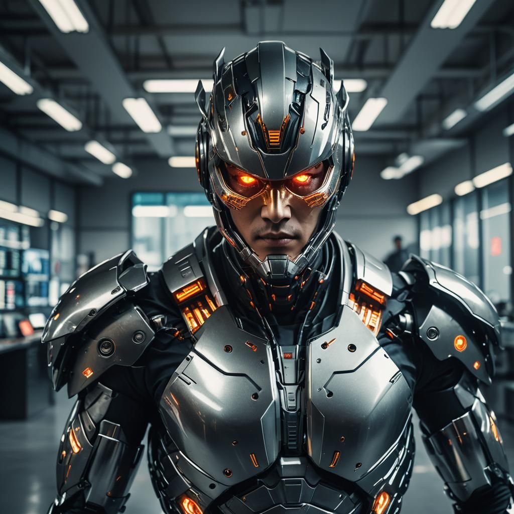 Futuristic Cyborg in Office: Cinematic Film Still