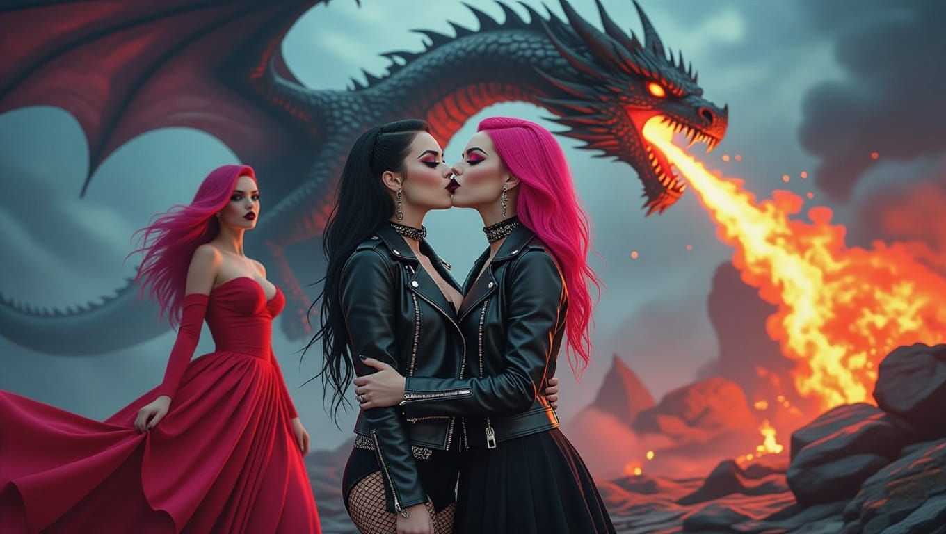 Goth Girl Kissing with Dragon: Realistic 3D Image