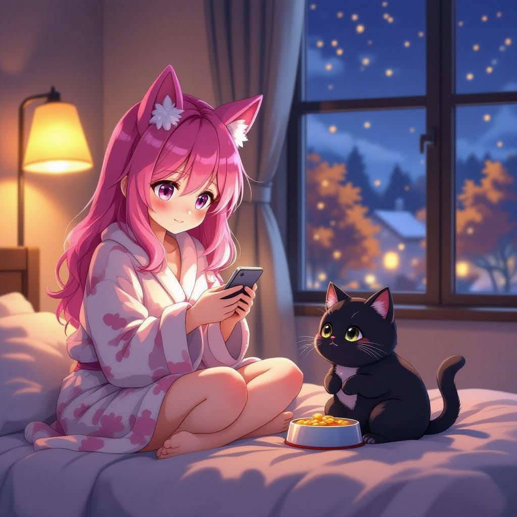 Cute Woman with Pink Hair and Horse Ears with Kitten