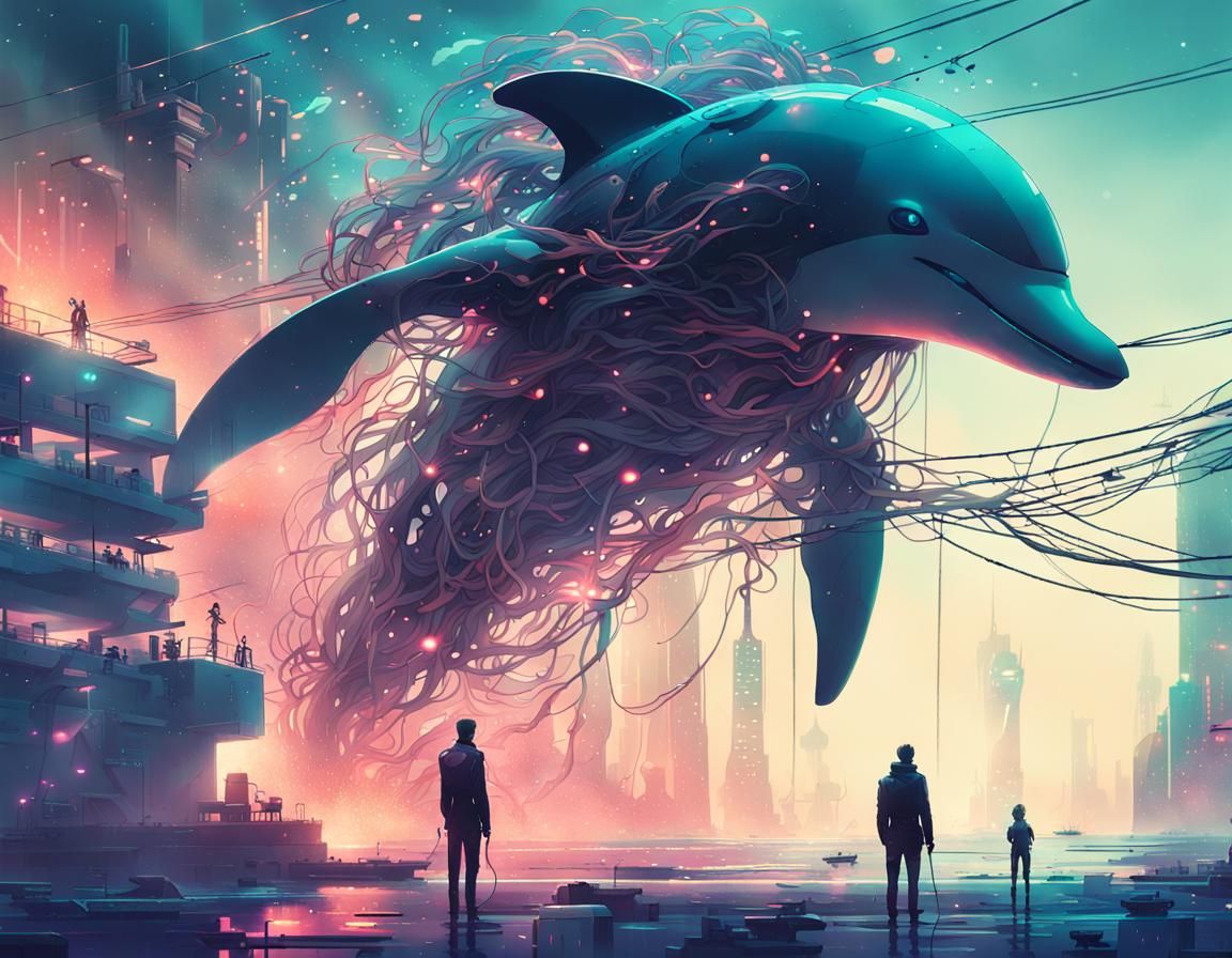 Cyberpunk Dolphin Robot in Surreal Ocean Fantasy