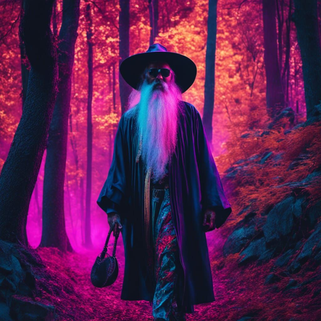 Synthwave Old Mage Walking in a Forest