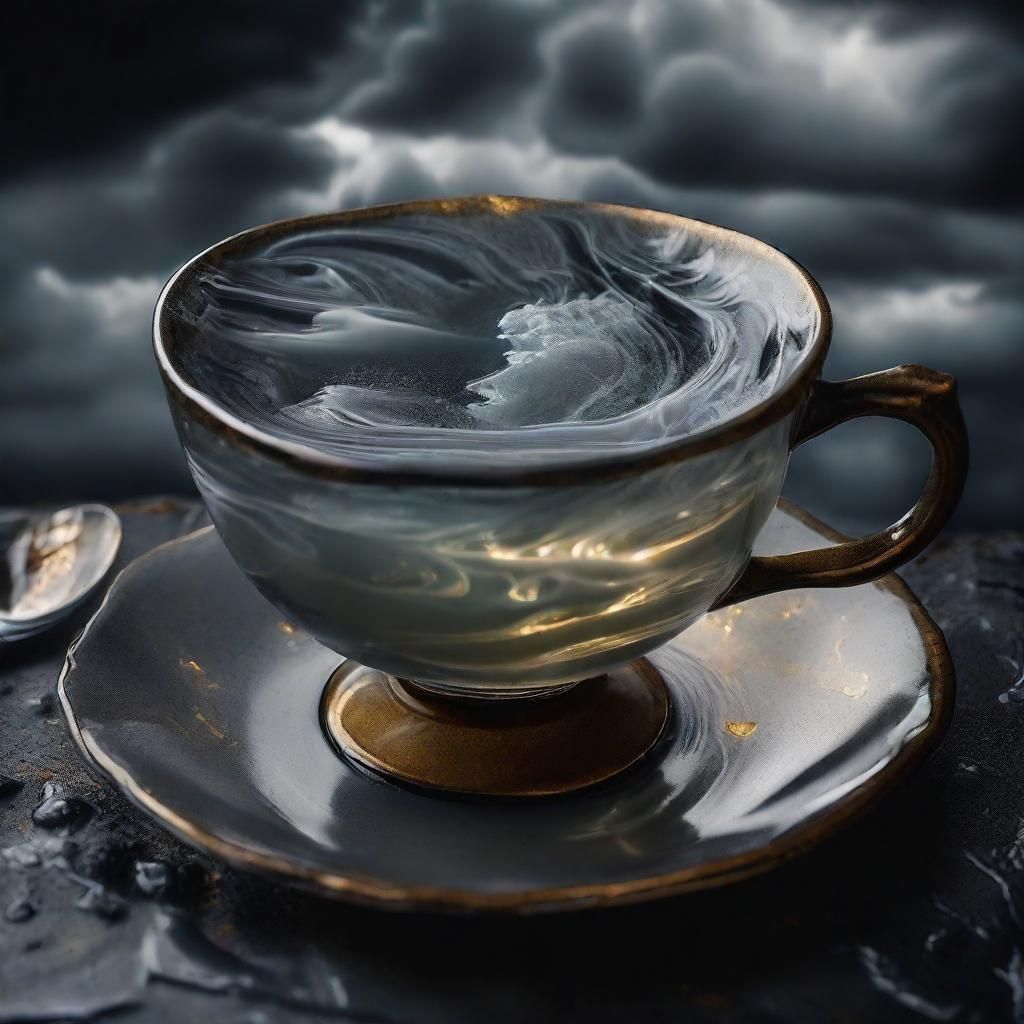 Stormy Sky in Teacup Close-up: Liquid Glass Effect