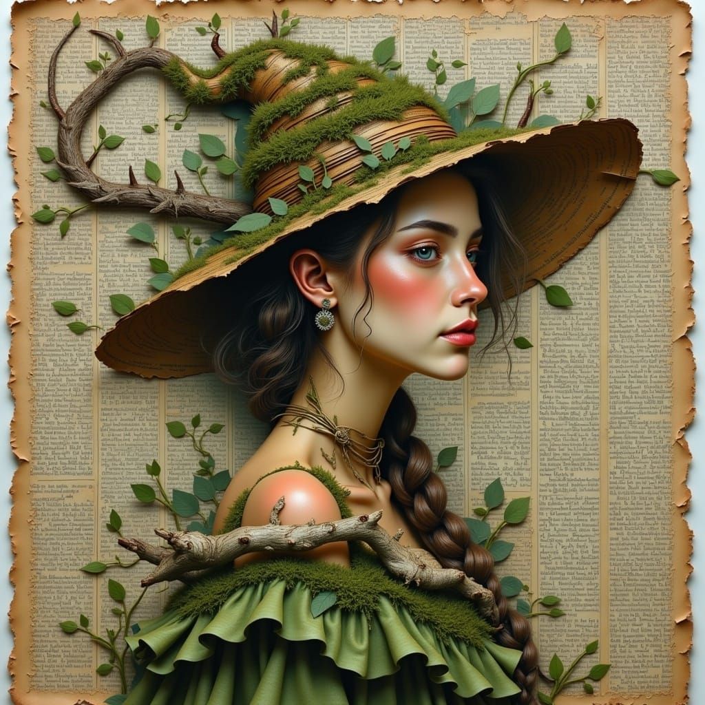 Organic Surrealist Woodland Witch in Mixed Media Art