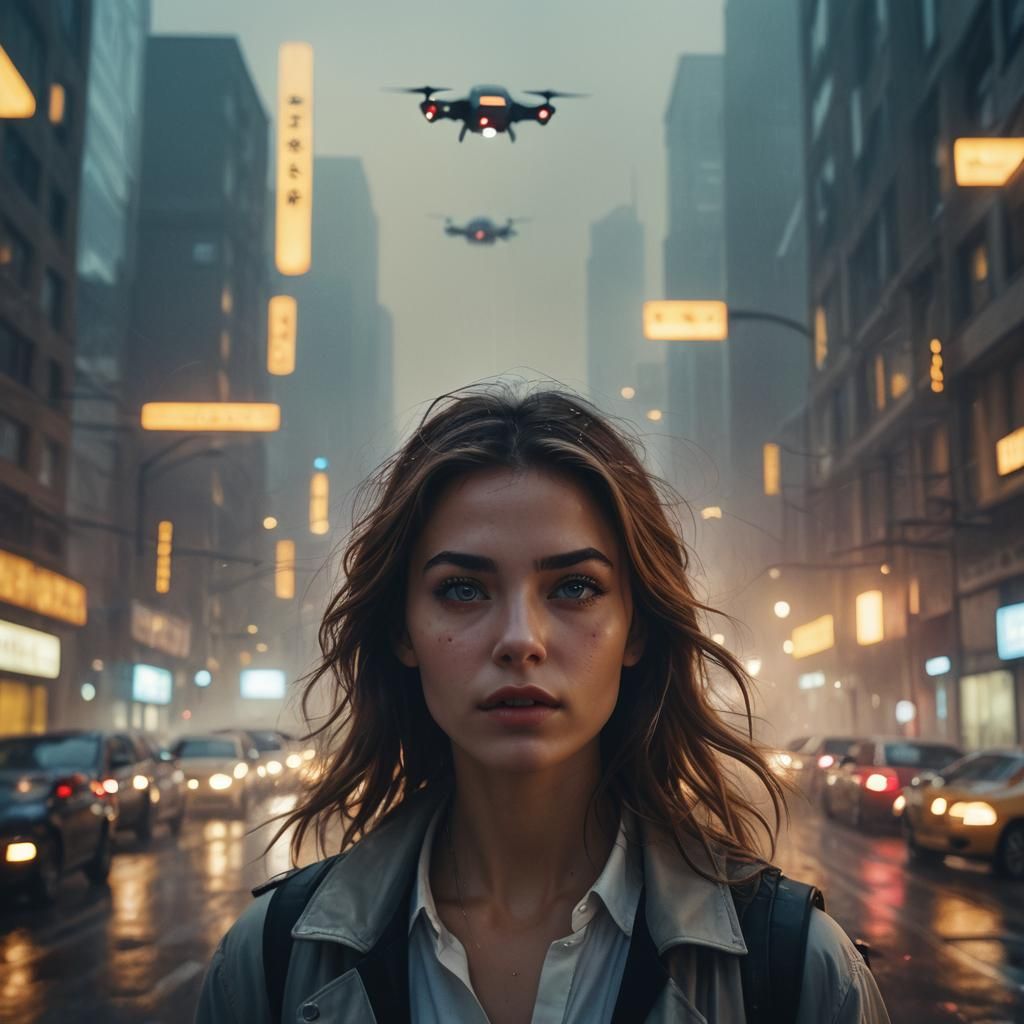 Beautiful Girl in Foggy Cityscape with Flying Cars