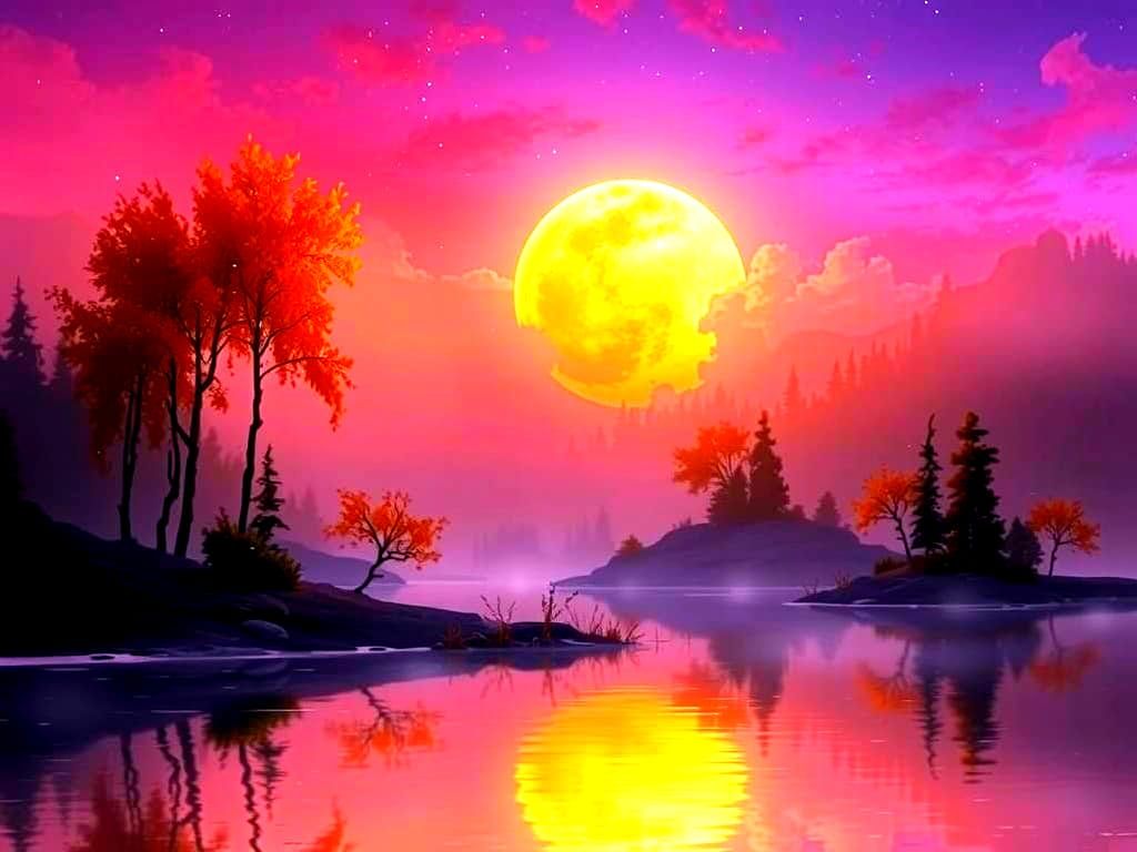 Tranquil Moonlight Lake Reflecting Oversized Glowing Moon