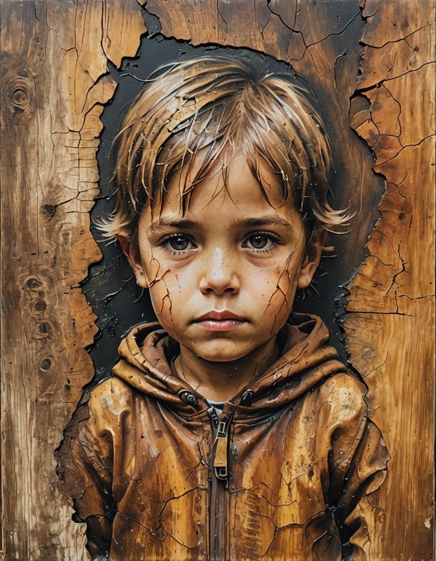 Hot wax technique painting on cracked wood, portrait of a young child, textured waxy surface, layered technique, wax pai...