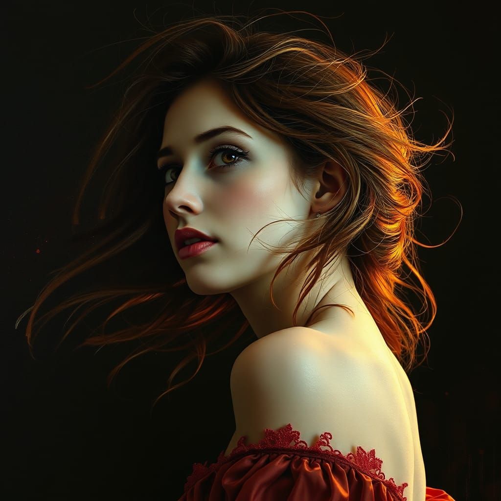 Windswept Woman in Wine Gradient: Dark Fantasy Portrait