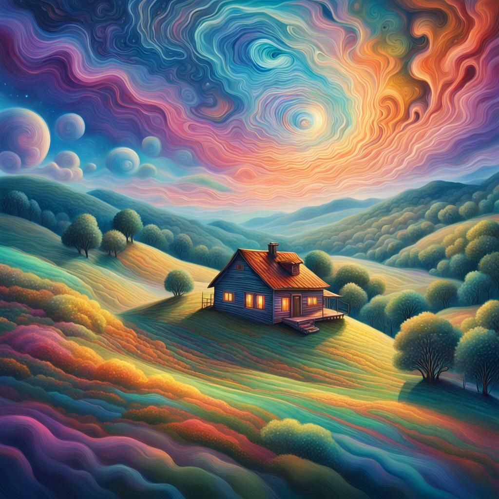 Farmhouse in Astral Landscape, Mixed Media Illustration